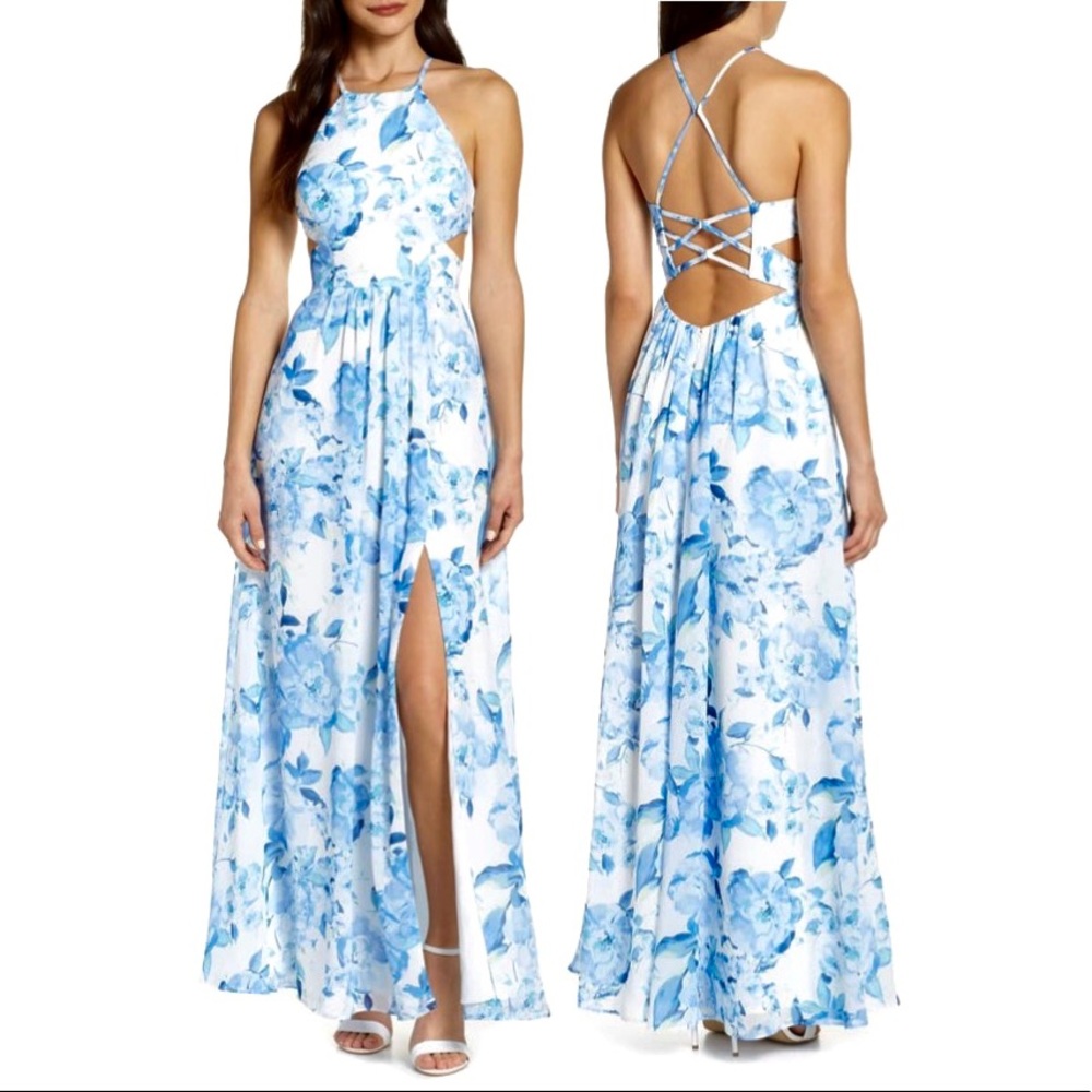 Flowy Floral Print Strappy Back Dress With Slit